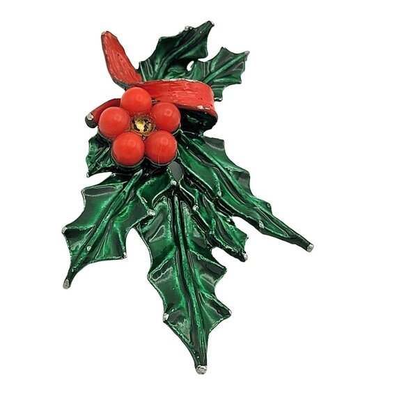 Vintage Holly Leaf Enamel Metal Brooch Pin Red Berries Ribbon Accent Christmas - Picture 3 of 5